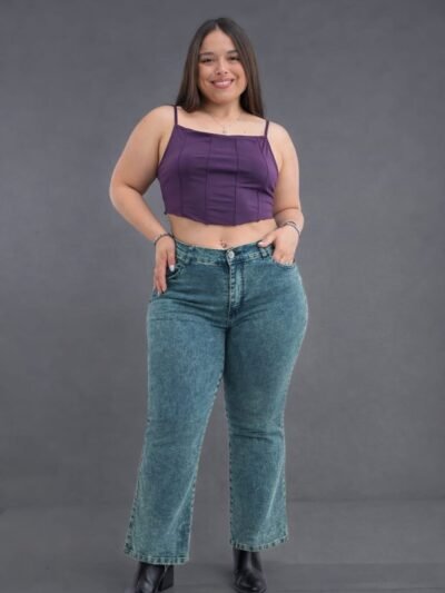 jeans oxford elastizado mujer pierna amplia cómodo moderno